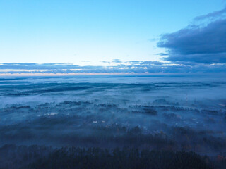 Sky morning forest in fog drone pictures