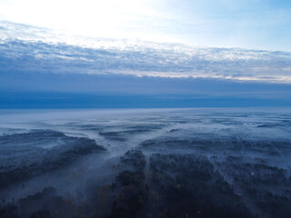Sky morning forest in fog drone pictures