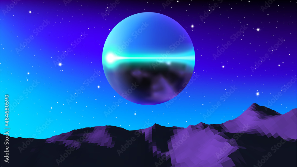Poster Mysterious chrome sphere flying over alien planet terrain. 80s styled retro sci-fi landscape with mountains and sundown