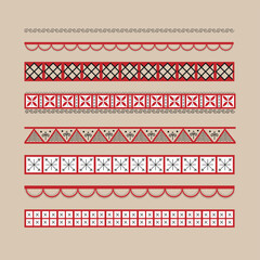 Vector ethnic red and black borders dividers in the style of Russian folk northern Mezen painting for decoration