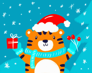 Christmas funny cute tiger cub. Brochure design template, card.