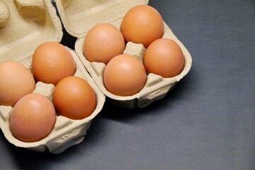 Cardboard egg boxes with eight brown eggs on black background.