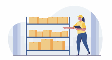 Woman in warehouse checking inventory levels of goods on shelf. vector illustration. - obrazy, fototapety, plakaty