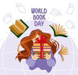 World book day illustration.  The girl is holding a stack of books in her hands. Gift collection of books.
Book fans.