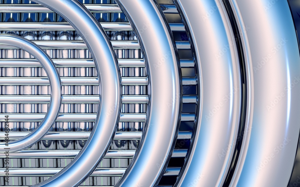 Poster Abstract background with chrome circles over metallic pipes. 3D illustration