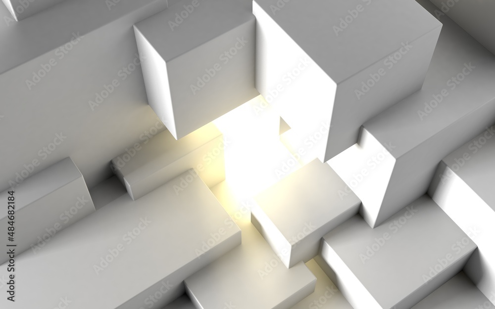 Poster abstract architectural background with cube construction or stage and light beam inside. 3d illustra