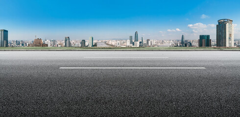 Freeway skyline and financial district modern buildings