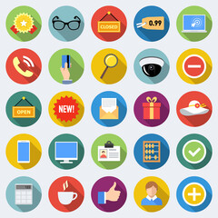 Set of flat shopping icons with long shadows 