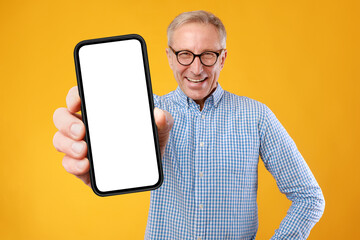 Mature man showing white empty smartphone screen close to camera