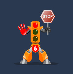 Cartoon traffic light robot holding a sign and shows the right way road safety