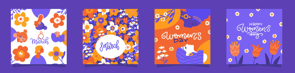 Set of greeting card or postcard templates with flower and female feminism activists and Happy Women's Day wish texts. Modern festive flat vector illustration for 8 March celebration.