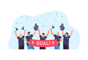Fototapeta premium Active fans cheering for favorite soccer team at match. Group of happy people holding banner with word goal flat vector illustration. Celebration, sports concept for website design or landing page