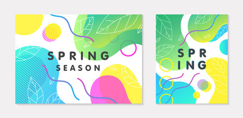 Fototapeta na wymiar Set of spring banners with green gradient backgrounds;linear leaves;bright fluid shapes and geometric elements in memphis style.Abstract layouts for prints;flyers,invitations;covers,social media.