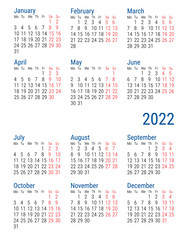 Simple Calendar 2022. Week starts on Monday.