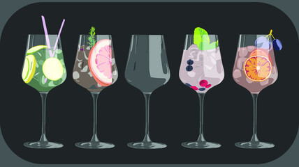 refreshing cocktails in glass goblets.
clear cocktail glass