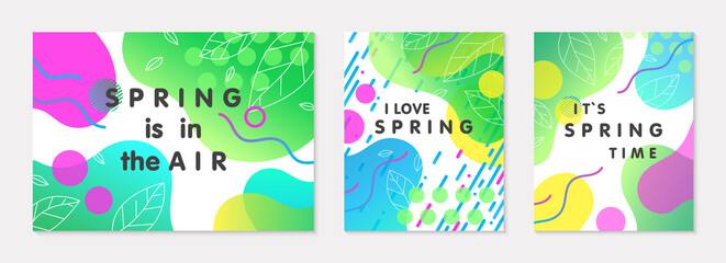 Set of spring banners with green gradient backgrounds;linear leaves;bright fluid shapes and geometric elements in memphis style.Abstract layouts for prints;flyers,invitations;covers,social media.
