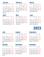 Simple Calendar 2023. Week starts on Monday.