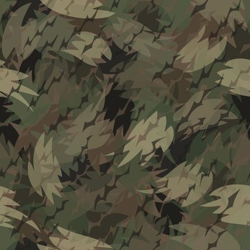 Forest style camouflage seamless pattern print. Shapes of foliage and branches