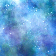 abstract night sky space watercolor background with stars. watercolor green blue nebula universe. Night sky with stars and nebula. watercolor hand drawn illustration.	
