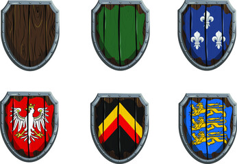 set of wooden shields with emblems.medieval shields. Vector graphics
