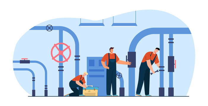 Team of plumbers with tool box in boiler room. Handymen in uniform fixing pipe flat vector illustration. Service, maintenance, occupation concept for banner, website design or landing web page