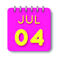 04 day of the month. July. Cute calendar daily icon. Date day week Sunday, Monday, Tuesday, Wednesday, Thursday, Friday, Saturday. Neon yellow. Pink Paper. White background.