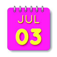 03 day of the month. July. Cute calendar daily icon. Date day week Sunday, Monday, Tuesday, Wednesday, Thursday, Friday, Saturday. Neon yellow. Pink Paper. White background.