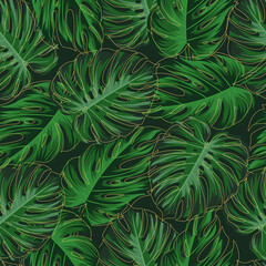 Floral seamless pattern with leaves. gold outline tropical background	