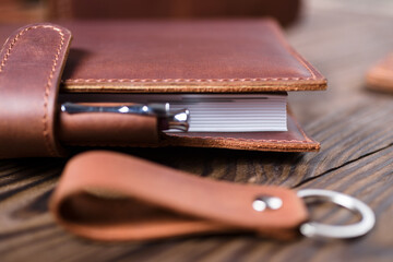 Handmade leather notebook closeup