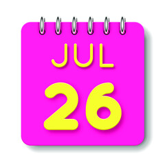 26 day of the month. July. Cute calendar daily icon. Date day week Sunday, Monday, Tuesday, Wednesday, Thursday, Friday, Saturday. Neon yellow. Pink Paper. White background.