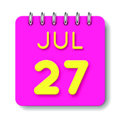 27 day of the month. July. Cute calendar daily icon. Date day week Sunday, Monday, Tuesday, Wednesday, Thursday, Friday, Saturday. Neon yellow. Pink Paper. White background.