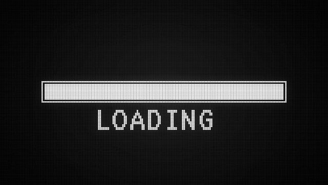 Video animation of a pixelated loading bar and the message loading on dark background - seamless loop - abstract background