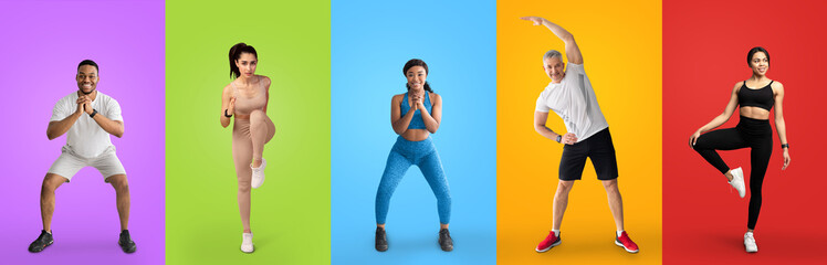 Happy multiracial men and women training over colorful backgrounds, collage