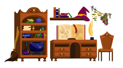 Furniture for wizard school interior vector illustrations set. Library objects, bookcase with potions in flasks and old books, cauldron, witch hat, broom stick. Halloween, magic, fairy tale concept