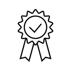 Quality check ribbon icon. Vector product certified or best choice recommended award and warranty check approved certificate mark label.