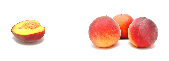 Ripe peach on white background close-up. Food, fruit, vitamins, wallpaper, background