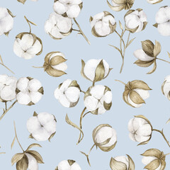 Seamless pattern of watercolor cotton flowers on a blue background.