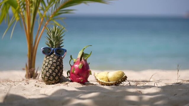 Ripe attractive pineapple in sunglasses, pink dragon fruit and fresh durian on the sand tropical beach against turquoise sea water, Thailand. Summer vacation concept