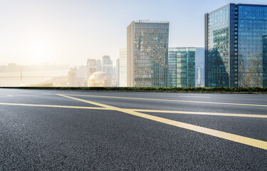 Freeway skyline and financial district modern buildings