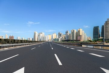 Freeway skyline and financial district modern buildings