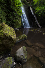 Large cascading waterfall tumbling into a peaceful pool near whitby. Falling foss waterfall, Yorkshire Dales. Waterfall portrait