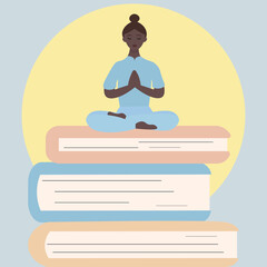 A young African-American woman is sitting in a lotus position on a stack of books. the concept that Knowledge is power. Love of reading, self-education, self-improvement. Body and mind are connected