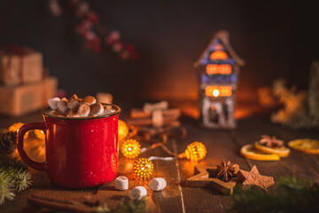 red cup with cocoa and marshmallows. Christmas, winter composition.