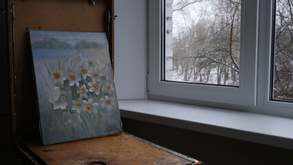 Delicate spring daffodils. Painting on canvas.