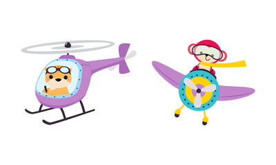 Cute Tiger and Monkey Animal Flying on Airplane with Propeller Vector Set