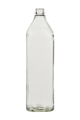 Empty glass bottle, rectangular shape. Isolated on a white background without a lid