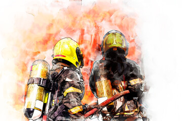 Digital painting and drawing of firefighters wearing fire fighter suit for safety and using twirl water extinguisher for fighting the fire flame in emergency situation.. - Safety industrial concept. - 484690100