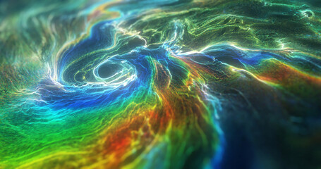 Fototapeta na wymiar Abstract texture with rainbow colors on black background. Dynamic swirls of colorful liquid, vortex motion. wavy forms, neon gradient texture. 3D rendering