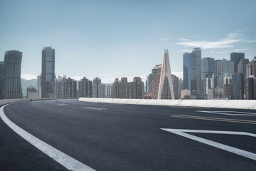 Freeway skyline and financial district modern buildings