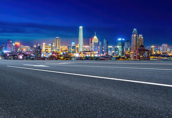 Freeway skyline and financial district modern buildings